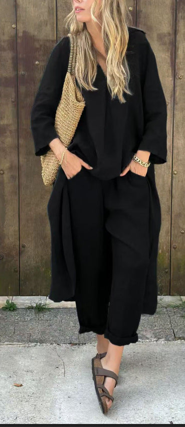 Ensemble deux pièces à col en V avec poche, couleur unie, ample