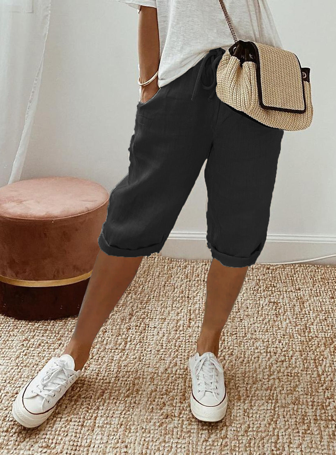 Pantalon Cinquième en Coton et Lin pour Femmes avec Poches et Taille Élastiquée