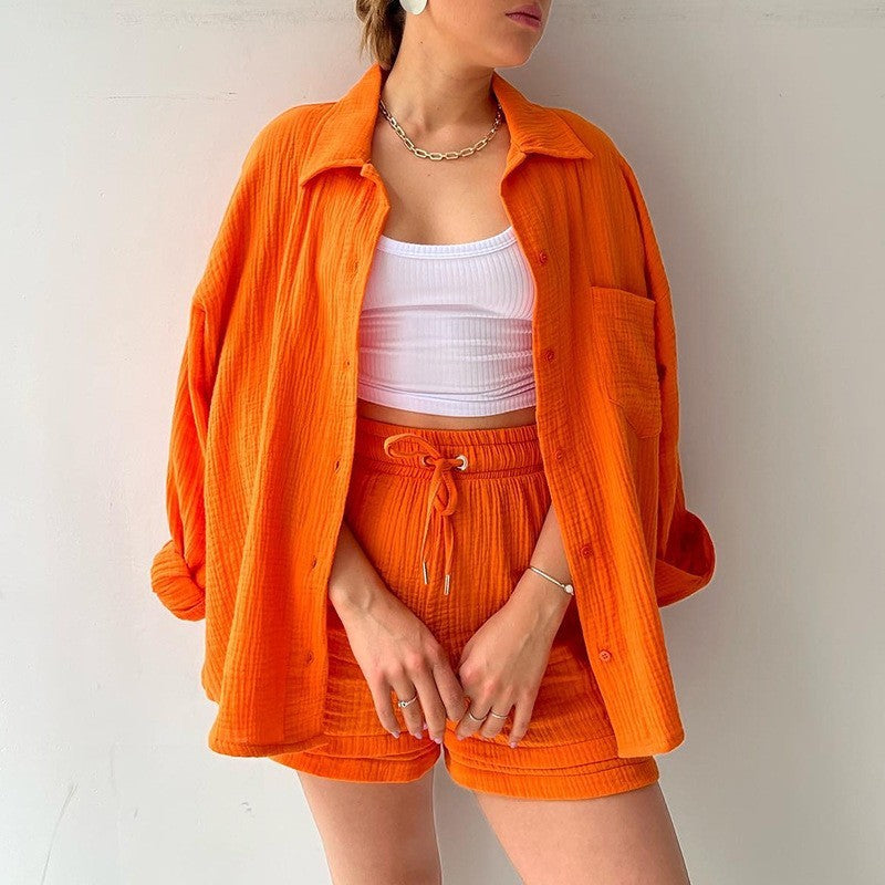 Ensemble Mode Printemps : Chemise à Revers Manche Longue & Short Taille Haute à Cordon – Grande Taille Chic et Décontractée