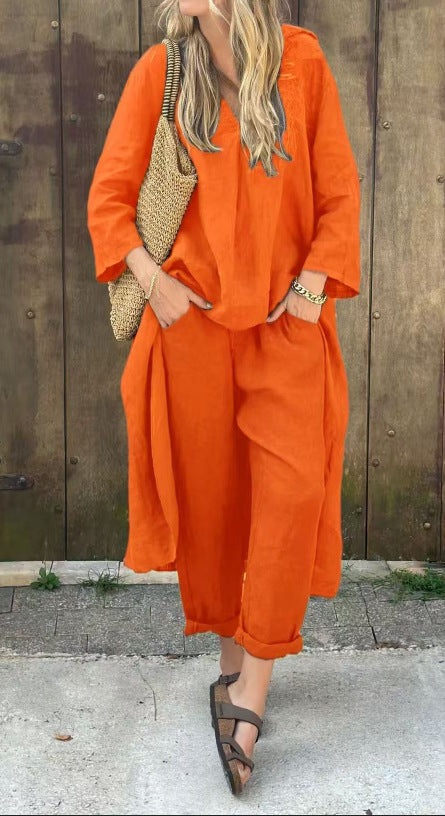 Ensemble deux pièces à col en V avec poche, couleur unie, ample