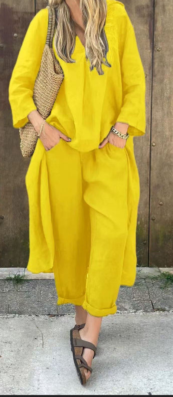 Ensemble deux pièces à col en V avec poche, couleur unie, ample