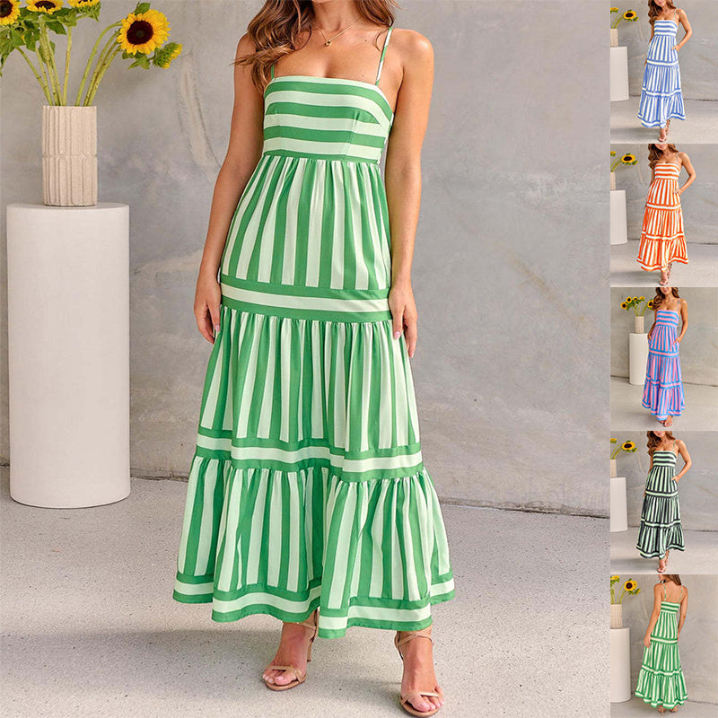 Robe Longue à Bretelles Rayée d'Été avec Poches