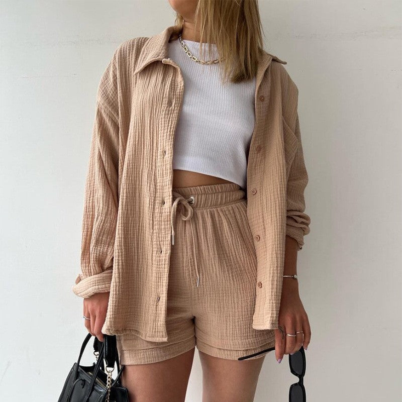 Ensemble Mode Printemps : Chemise à Revers Manche Longue & Short Taille Haute à Cordon – Grande Taille Chic et Décontractée