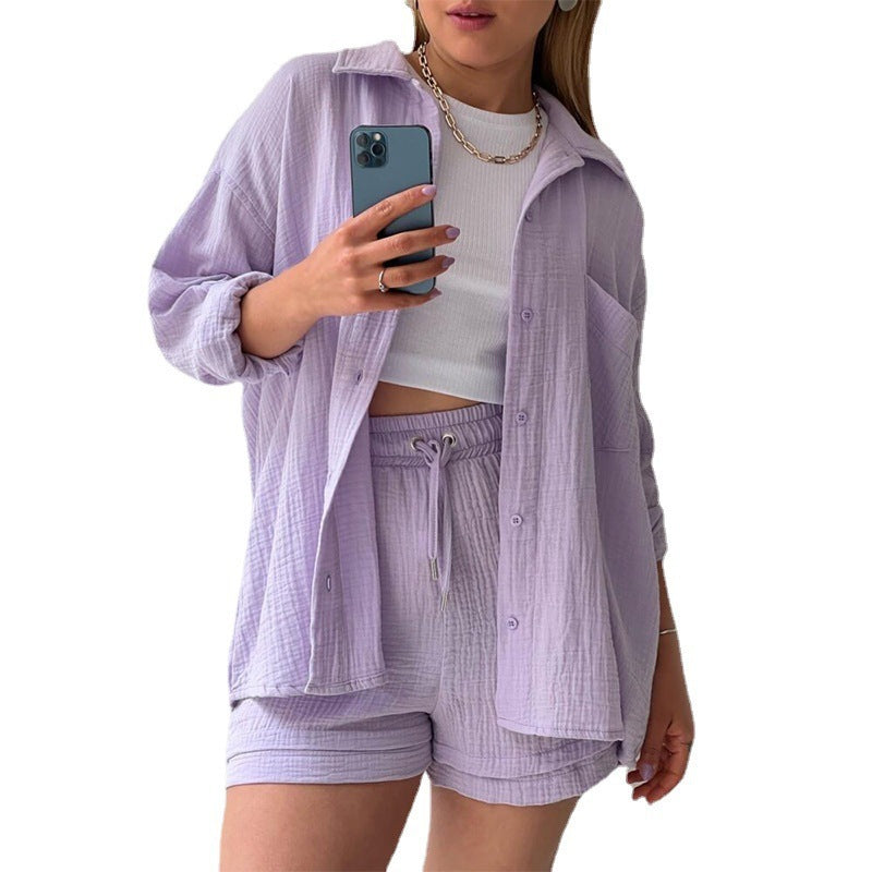 Ensemble Mode Printemps : Chemise à Revers Manche Longue & Short Taille Haute à Cordon – Grande Taille Chic et Décontractée