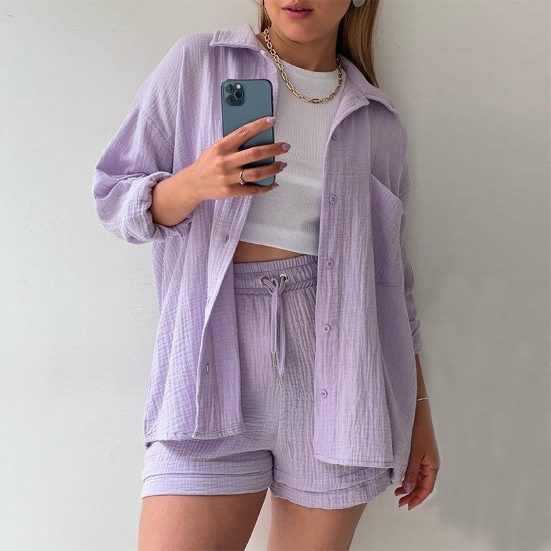 Ensemble Mode Printemps : Chemise à Revers Manche Longue & Short Taille Haute à Cordon – Grande Taille Chic et Décontractée