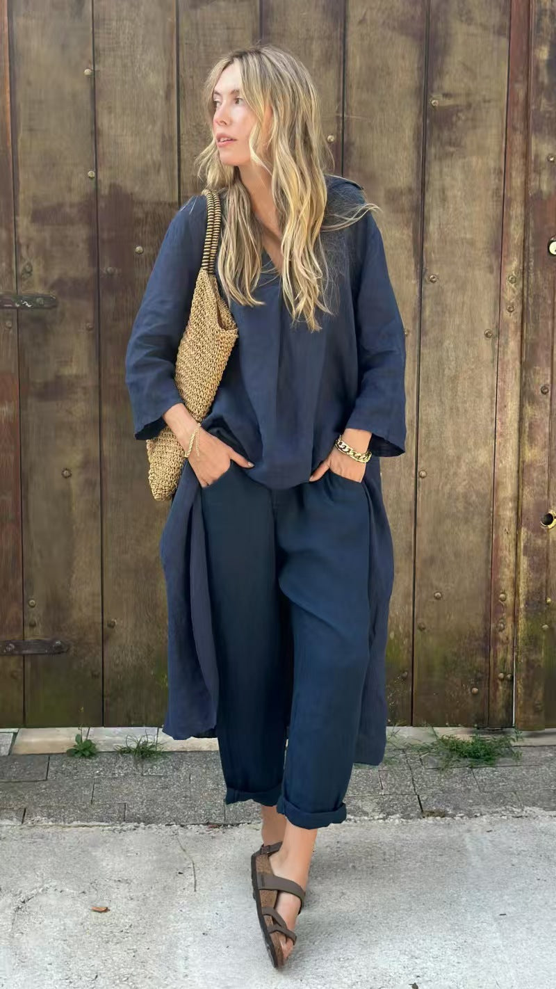 Ensemble deux pièces à col en V avec poche, couleur unie, ample