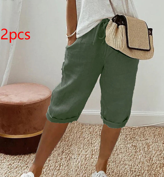 Pantalon Cinquième en Coton et Lin pour Femmes avec Poches et Taille Élastiquée