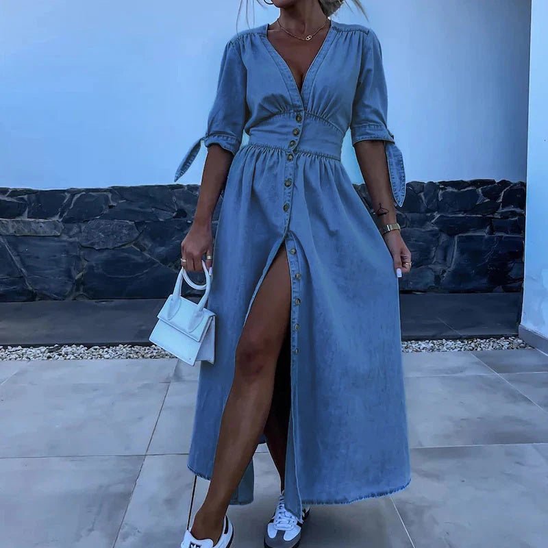 Robe en Jean Sexy à Col en V pour Femmes - Nouvelle Collection