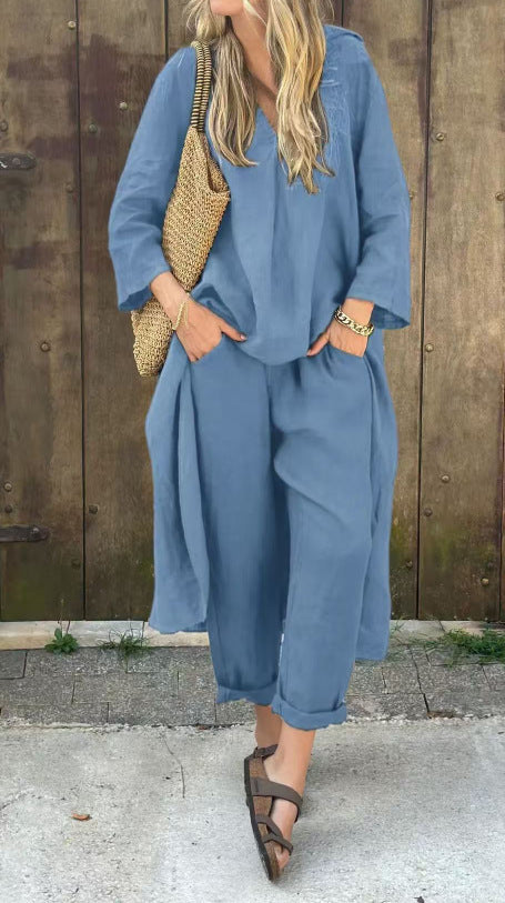Ensemble deux pièces à col en V avec poche, couleur unie, ample