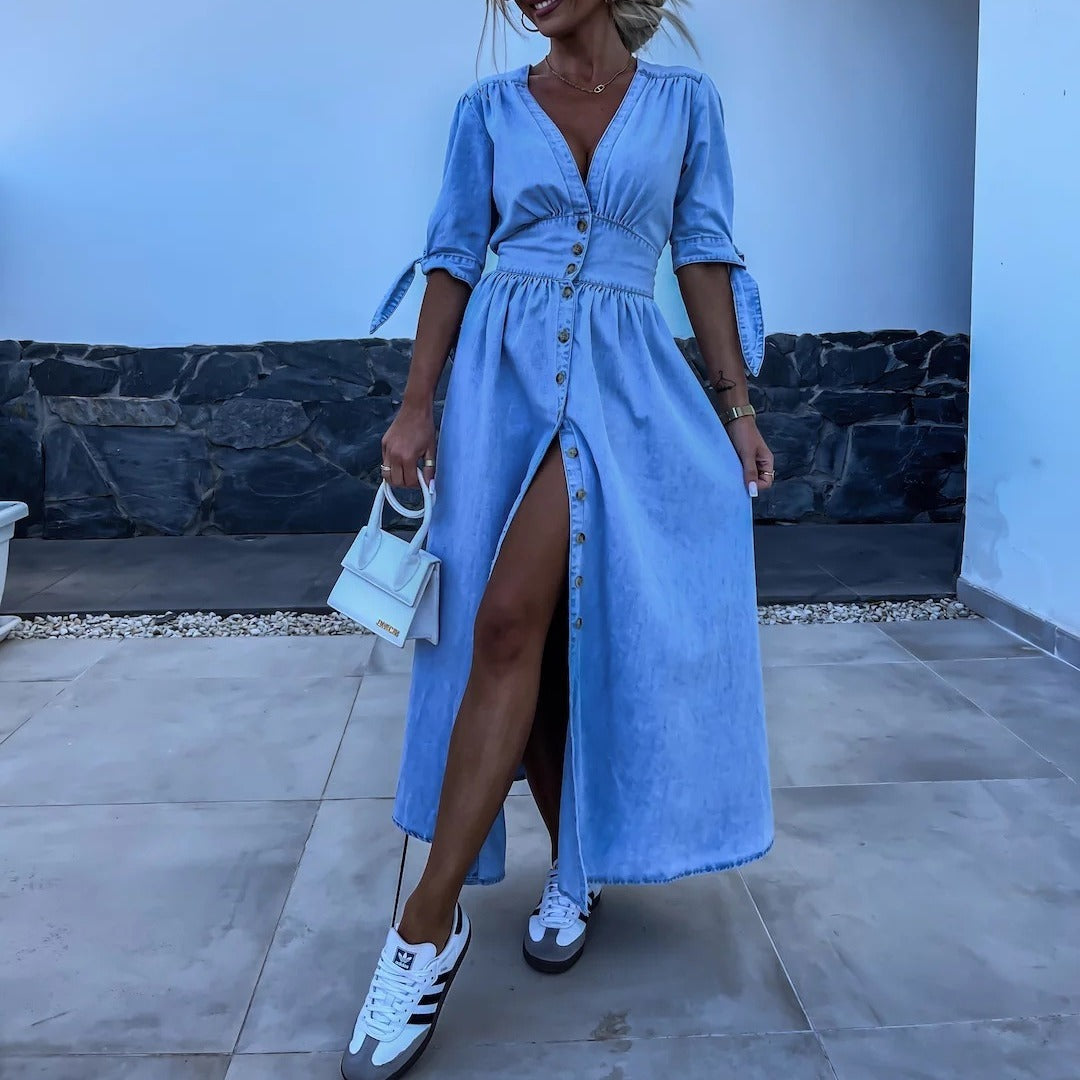 Robe en Jean Sexy à Col en V pour Femmes - Nouvelle Collection