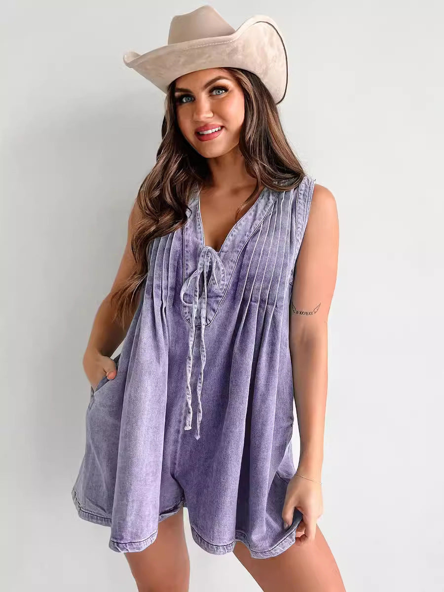 Combinaison en Jean Sans Manches avec Manches Courtes et Short – Style Décontracté d’Été