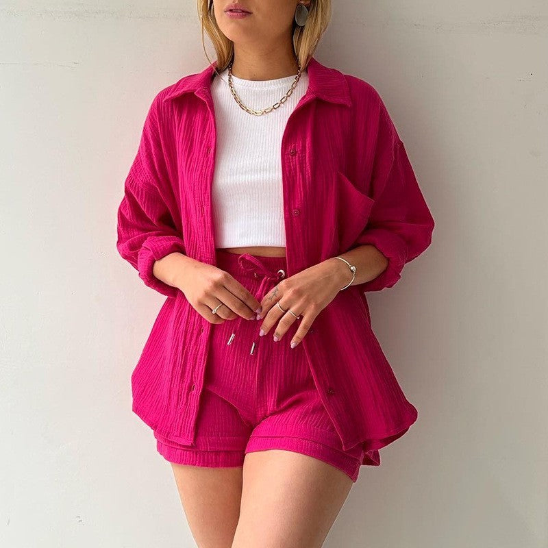 Ensemble Mode Printemps : Chemise à Revers Manche Longue & Short Taille Haute à Cordon – Grande Taille Chic et Décontractée