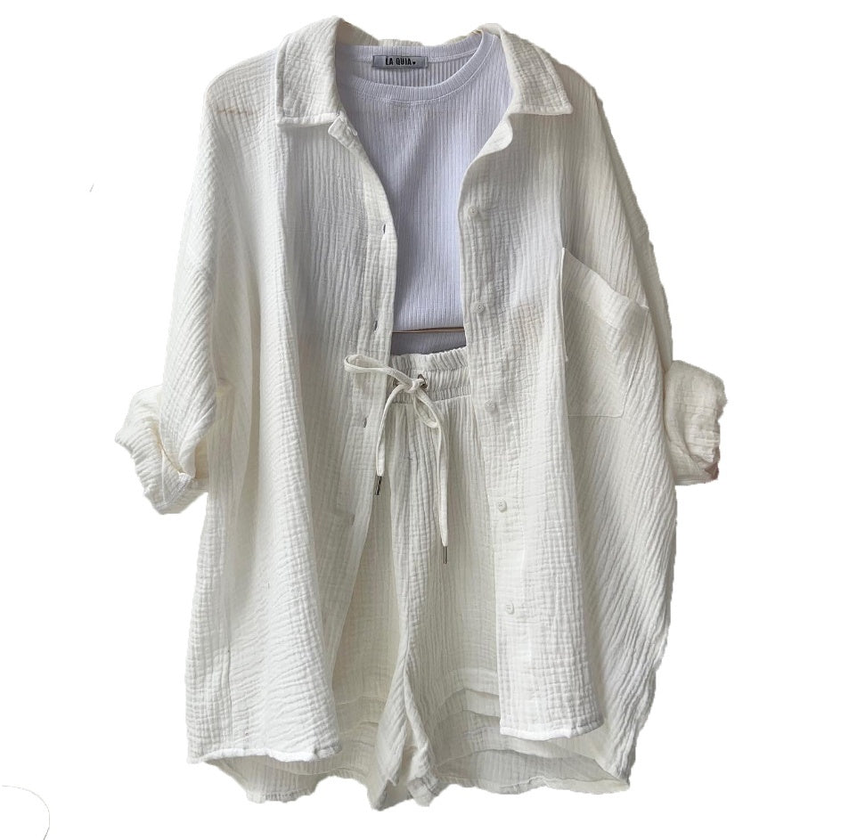 Ensemble Mode Printemps : Chemise à Revers Manche Longue & Short Taille Haute à Cordon – Grande Taille Chic et Décontractée