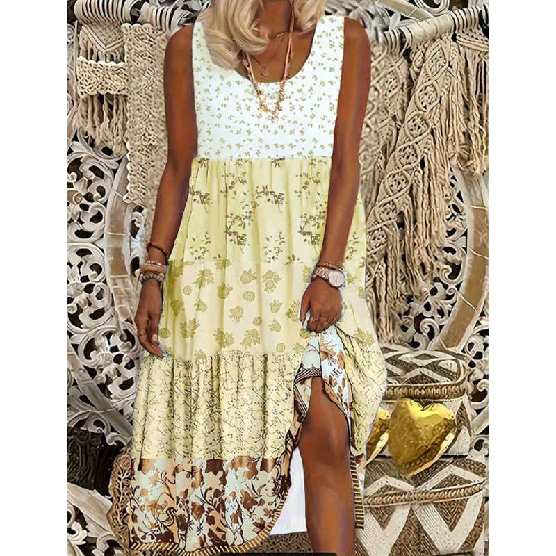 Robe longue bohème à imprimé floral grande taille , sans manches, à volants plissés