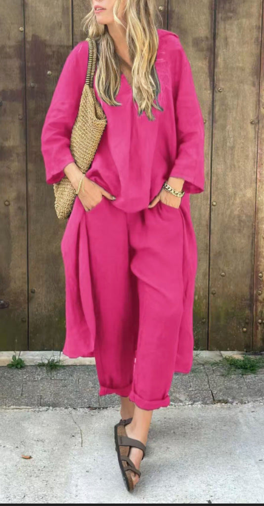 Ensemble deux pièces à col en V avec poche, couleur unie, ample