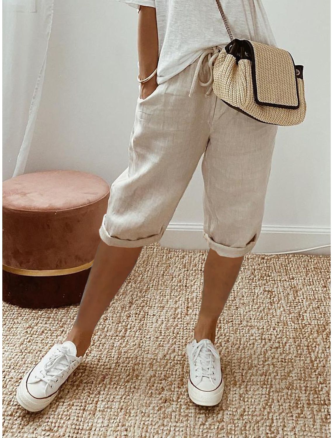 Pantalon Cinquième en Coton et Lin pour Femmes avec Poches et Taille Élastiquée