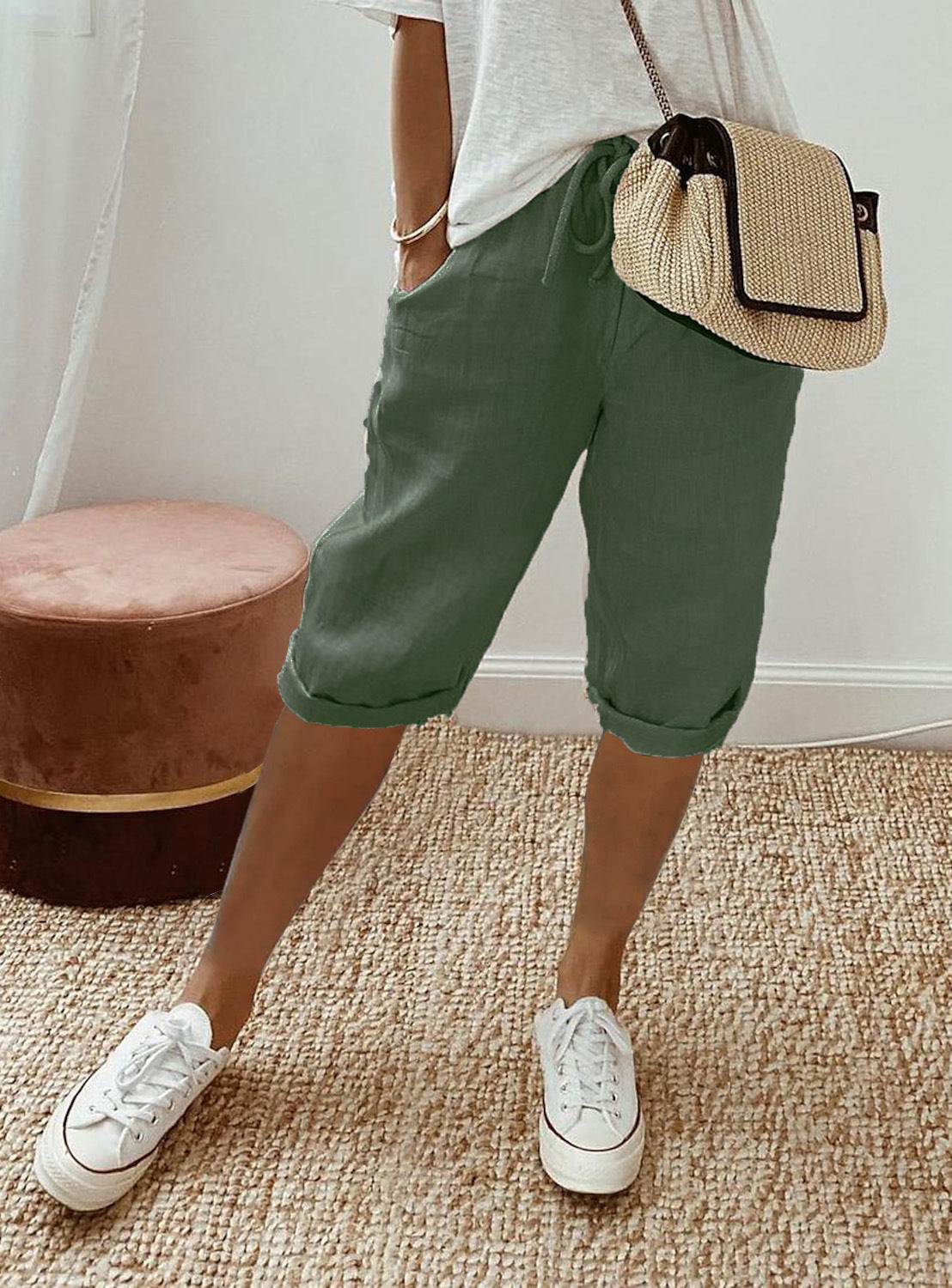 Pantalon Cinquième en Coton et Lin pour Femmes avec Poches et Taille Élastiquée