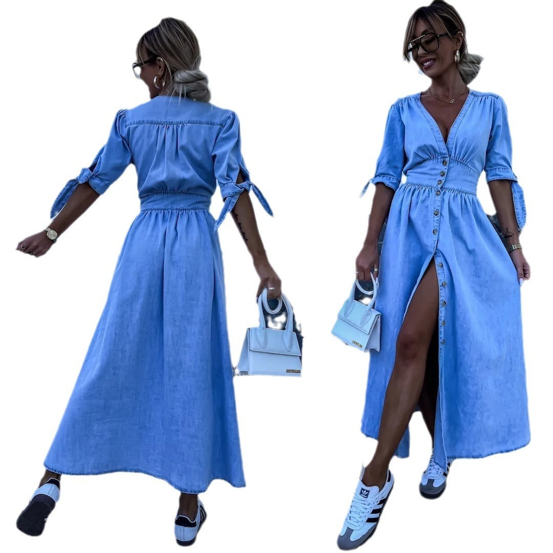 Robe en Jean Sexy à Col en V pour Femmes - Nouvelle Collection