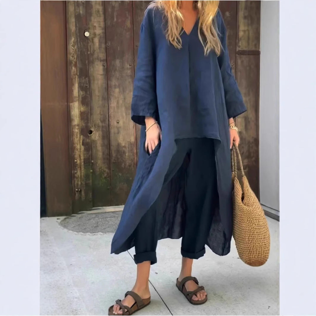 Ensemble deux pièces à col en V avec poche, couleur unie, ample