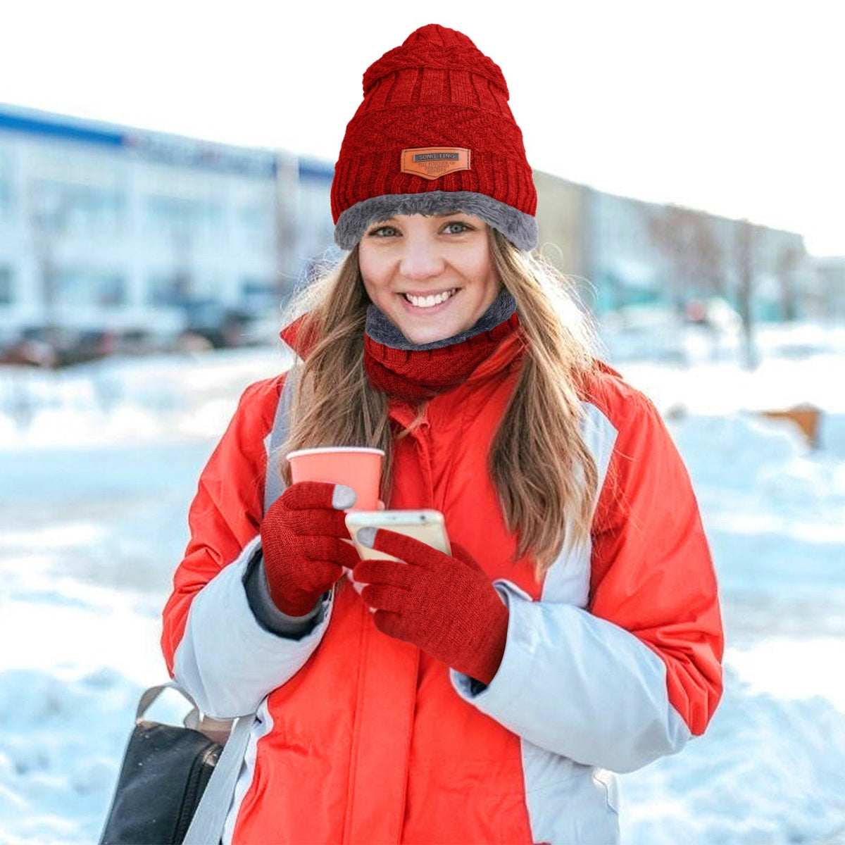 Knit Beanie, Scarf & Touchscreen Gloves 3-Piece Set