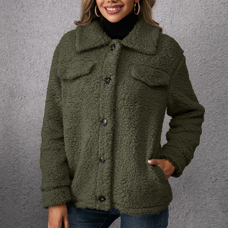 Women's Lapel Fleece Button Coat with Pockets