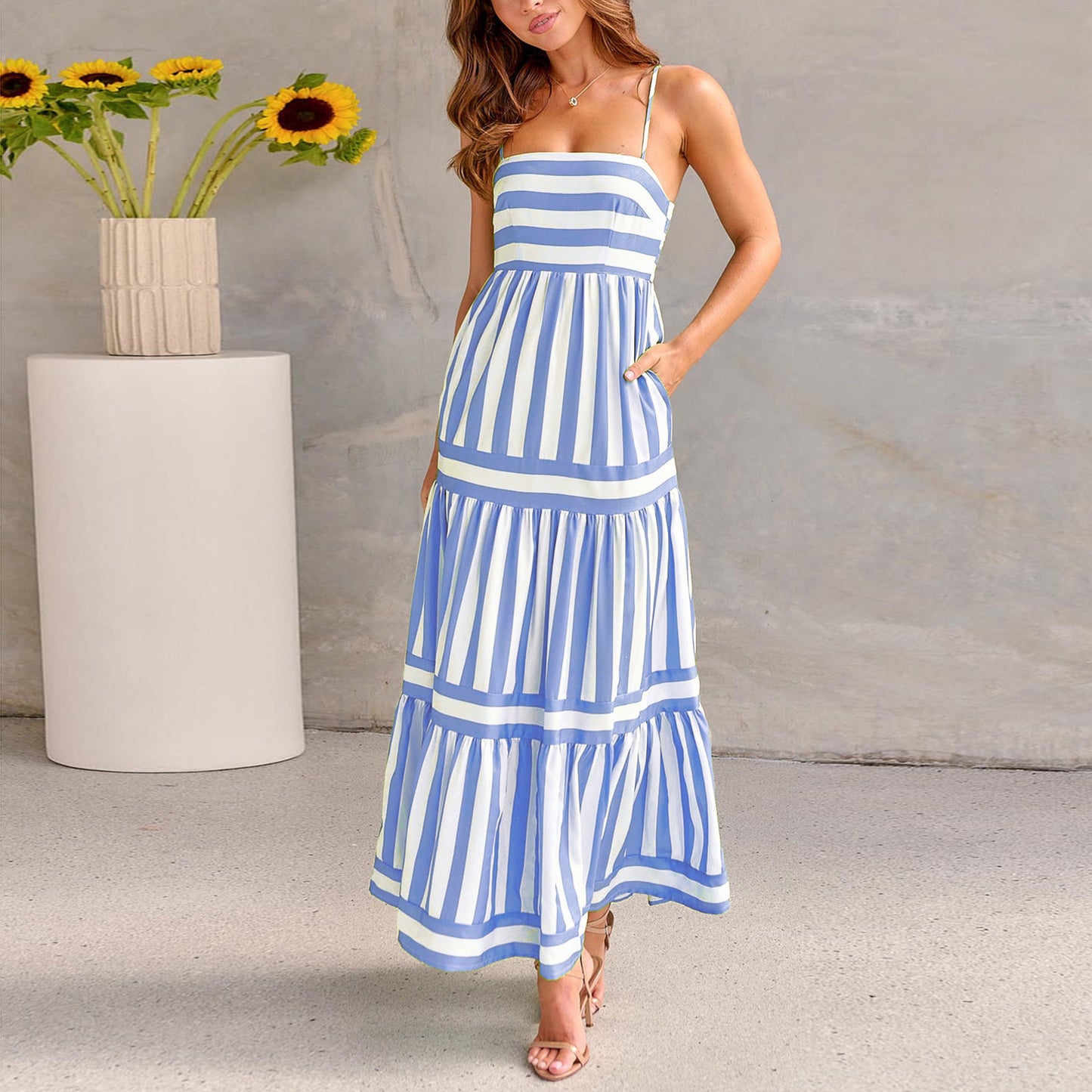 Robe Longue à Bretelles Rayée d'Été avec Poches
