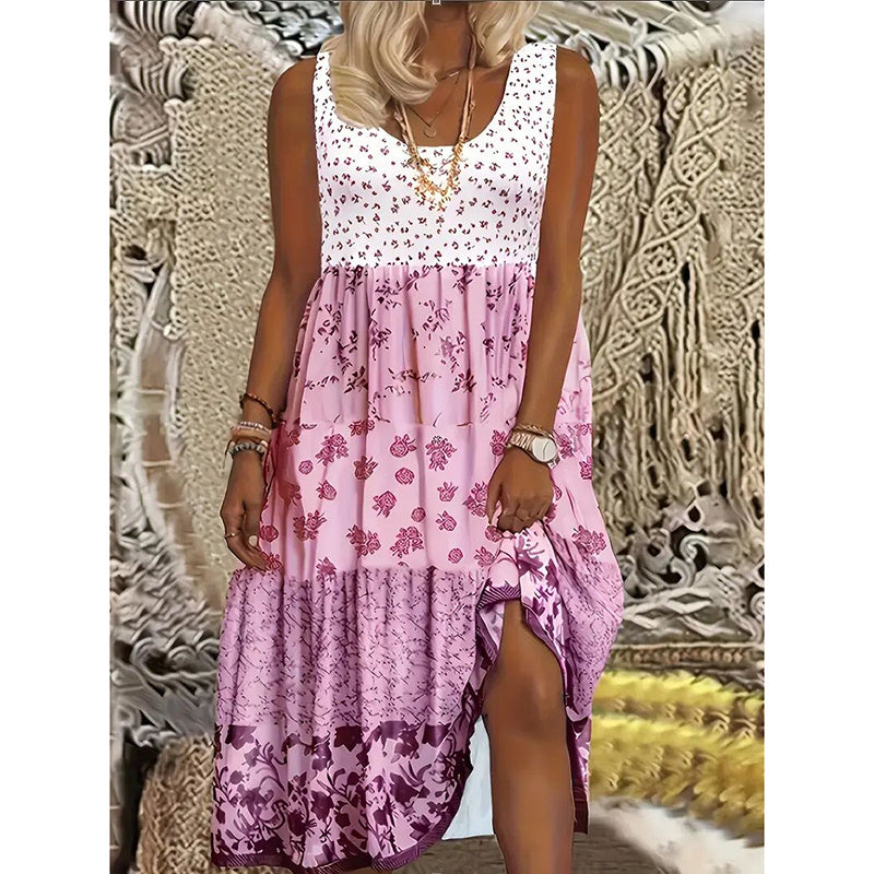 Robe longue bohème à imprimé floral grande taille , sans manches, à volants plissés