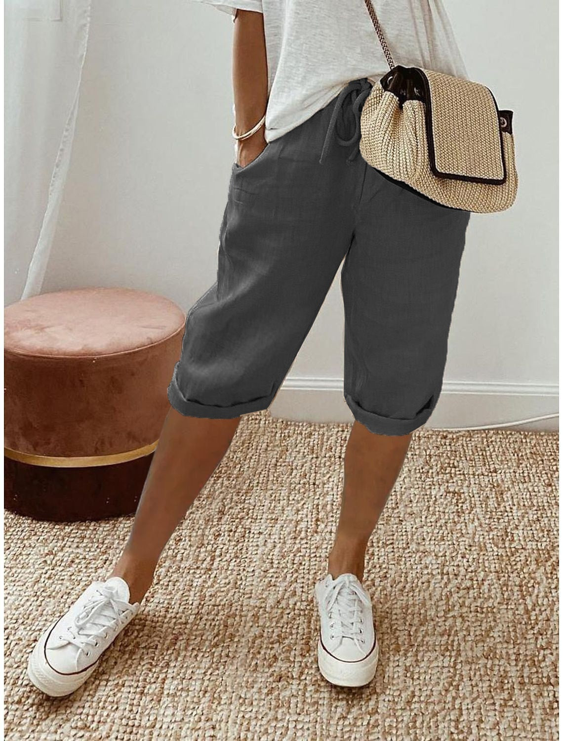 Pantalon Cinquième en Coton et Lin pour Femmes avec Poches et Taille Élastiquée