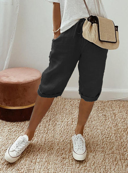 Pantalon Cinquième en Coton et Lin pour Femmes avec Poches et Taille Élastiquée