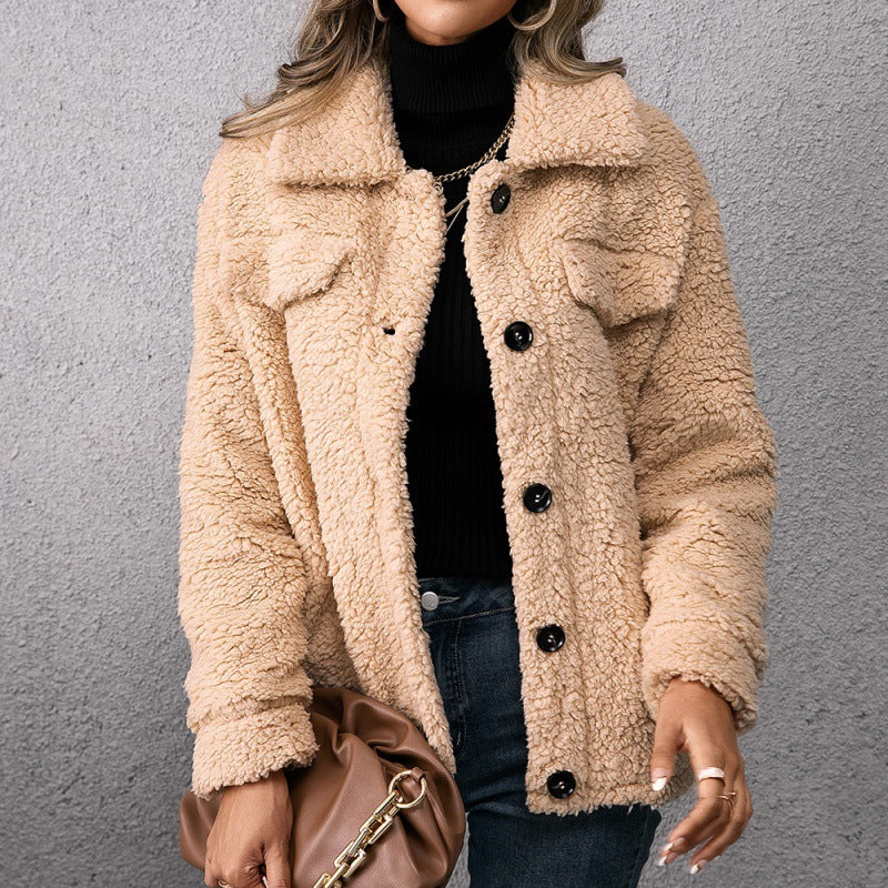 Women's Lapel Fleece Button Coat with Pockets
