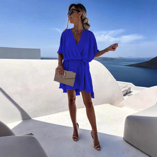 Robe Couleur Unie à Col en V et Taille Cintrée