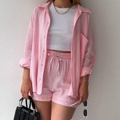 Ensemble Mode Printemps : Chemise à Revers Manche Longue & Short Taille Haute à Cordon – Grande Taille Chic et Décontractée
