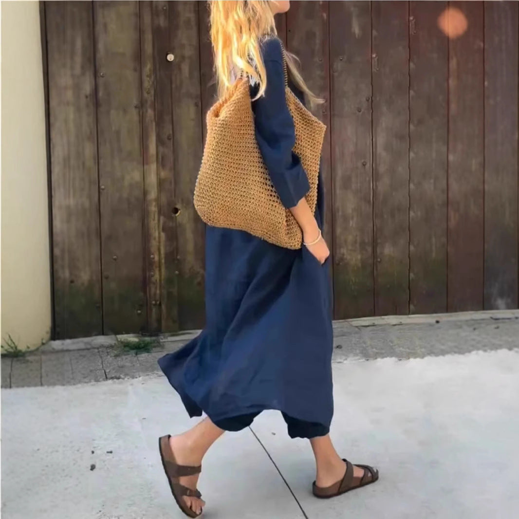 Ensemble deux pièces à col en V avec poche, couleur unie, ample