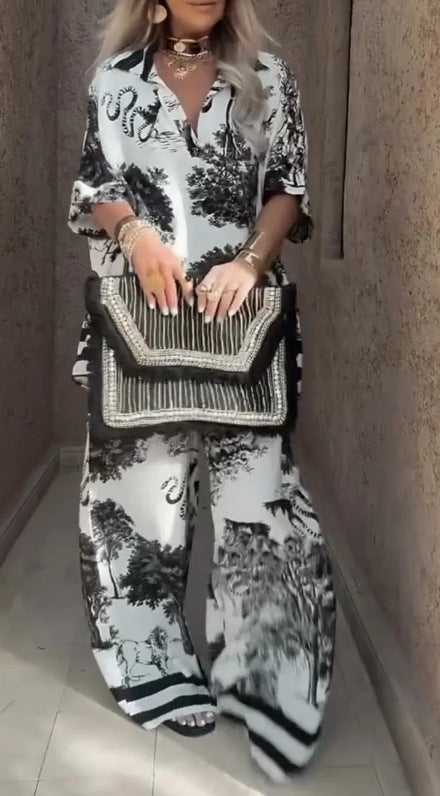 Ensemble Décontracté à Imprimé Élégant – Haut Col V et Pantalon Large