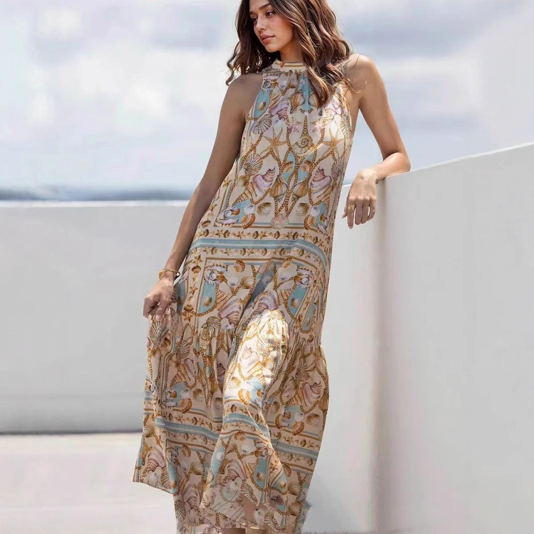 Robe longue bohème à manches longues, col en V, taille haute et imprimé floral