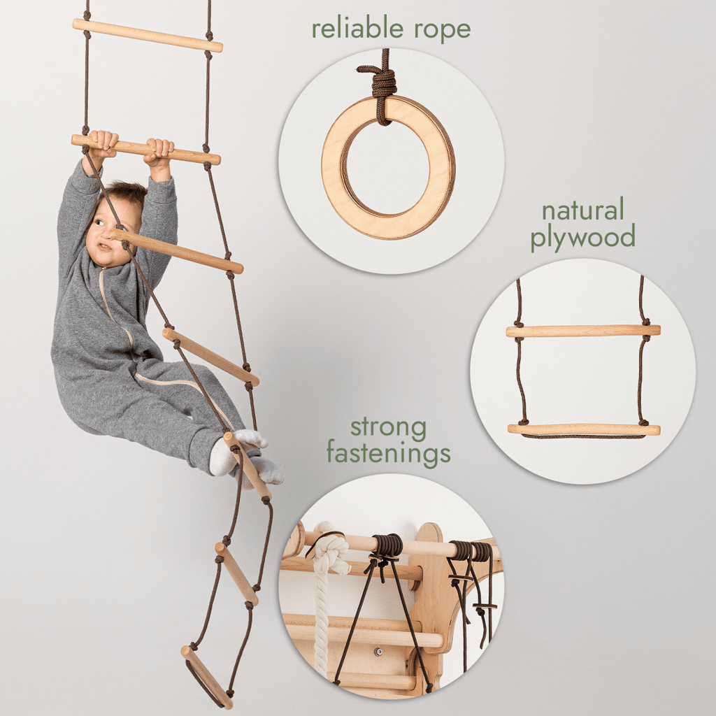 3in1 Swing & Climbing Set: Rope Ladder, Gym Rings & Disc Swing