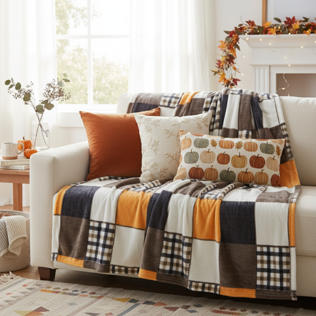 Fall Farmhouse Plaid Patchwork Fleece Throw