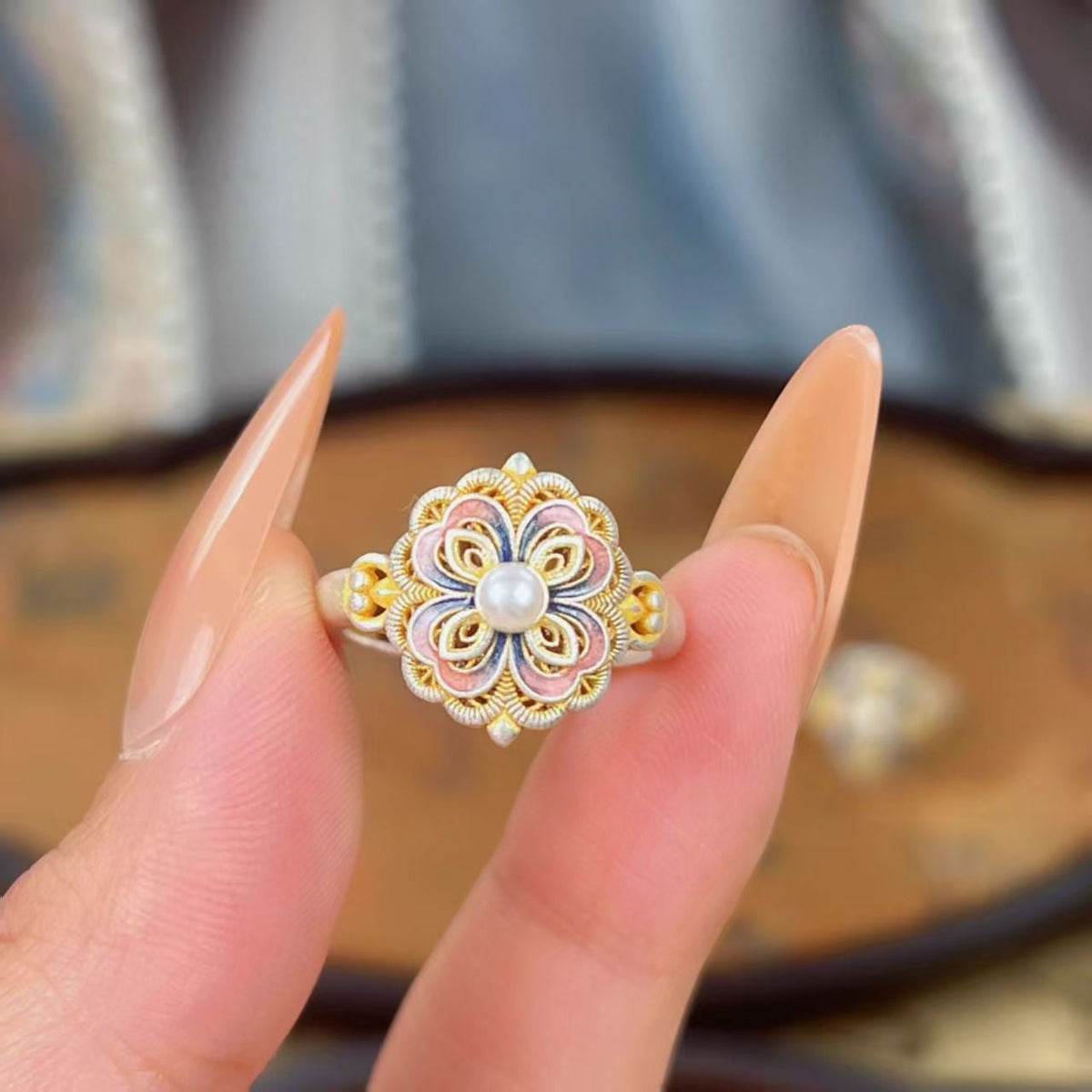 Vintage Enamel Flower & Pearl Ring | Gold-Plated Filigree