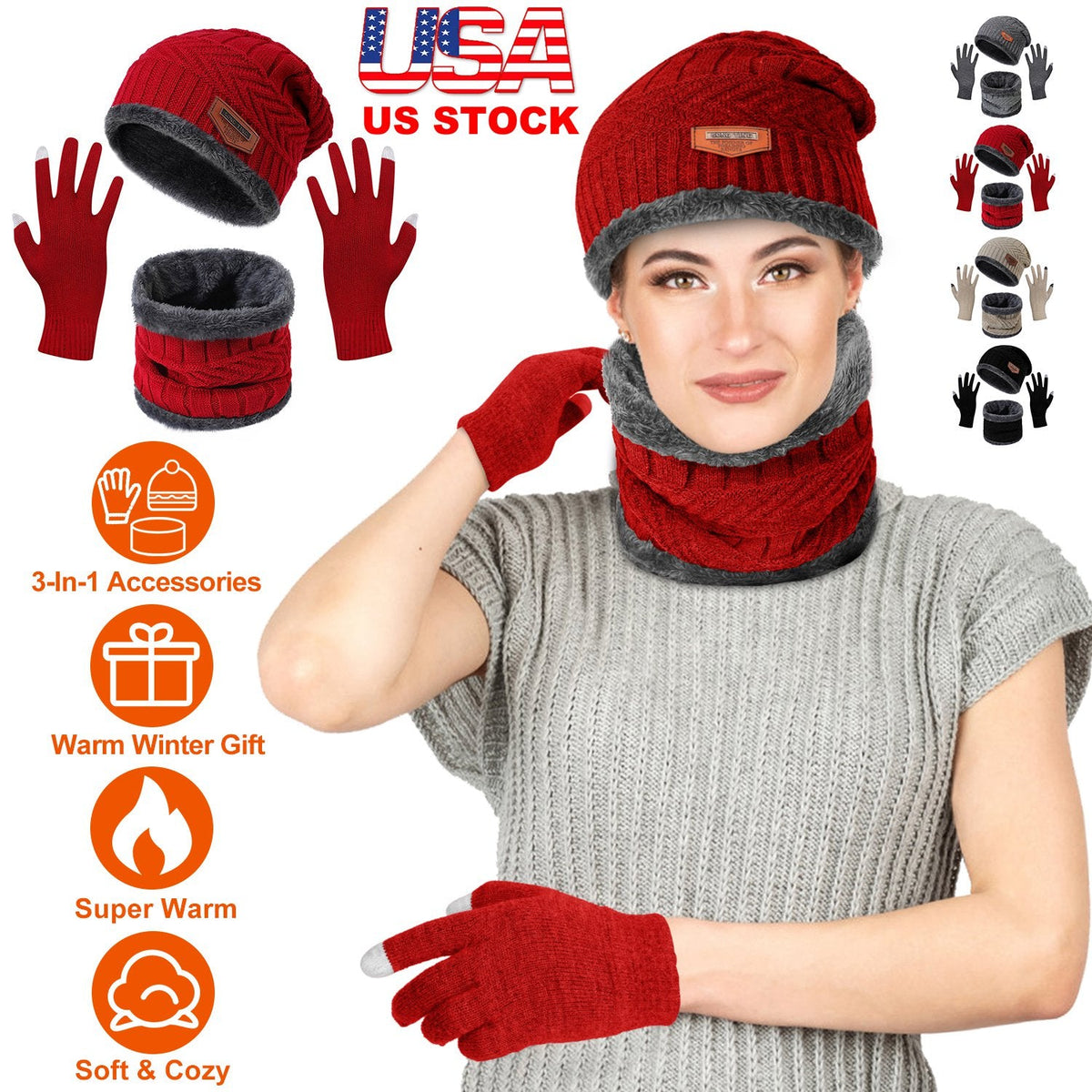 Knit Beanie, Scarf & Touchscreen Gloves 3-Piece Set