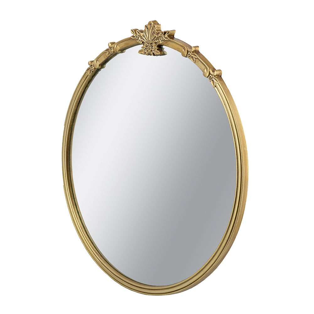 Round Wall Mirror with Decorative Leaf Crest - Gold