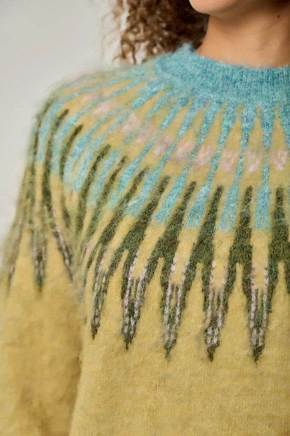 Fuzzy Fair Isle Mock Neck Sweater