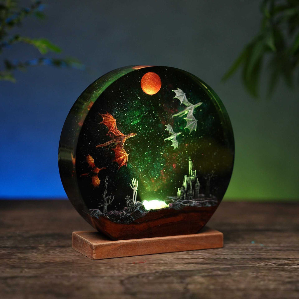 Ice & Fire Dragon Resin Night Lamp | Wood Base | 3 Sizes