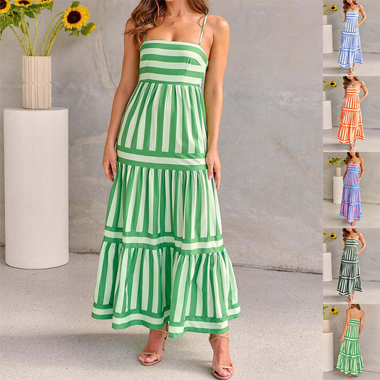 Robe Longue à Bretelles Rayée d'Été avec Poches