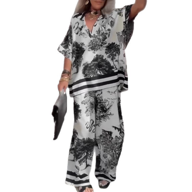 Ensemble Décontracté à Imprimé Élégant – Haut Col V et Pantalon Large
