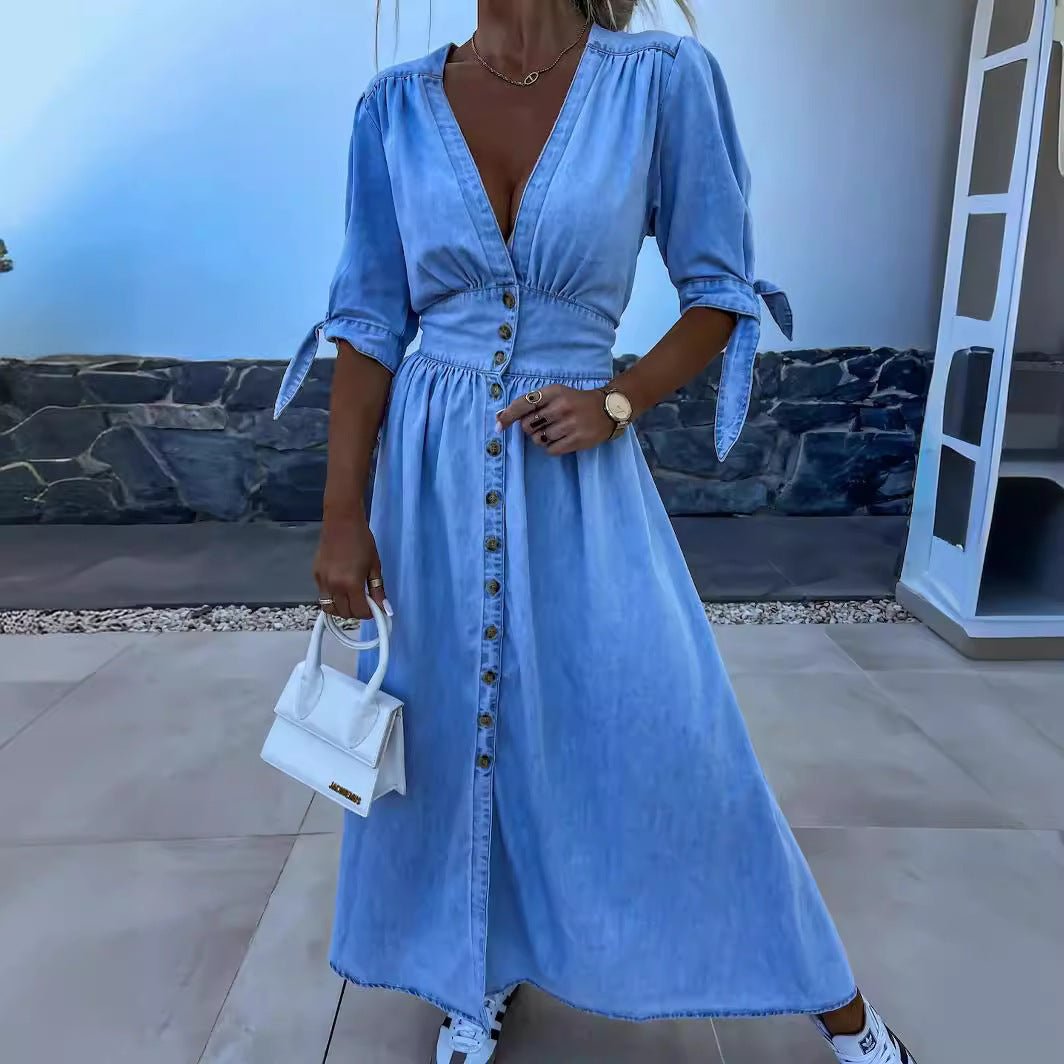 Robe en Jean Sexy à Col en V pour Femmes - Nouvelle Collection