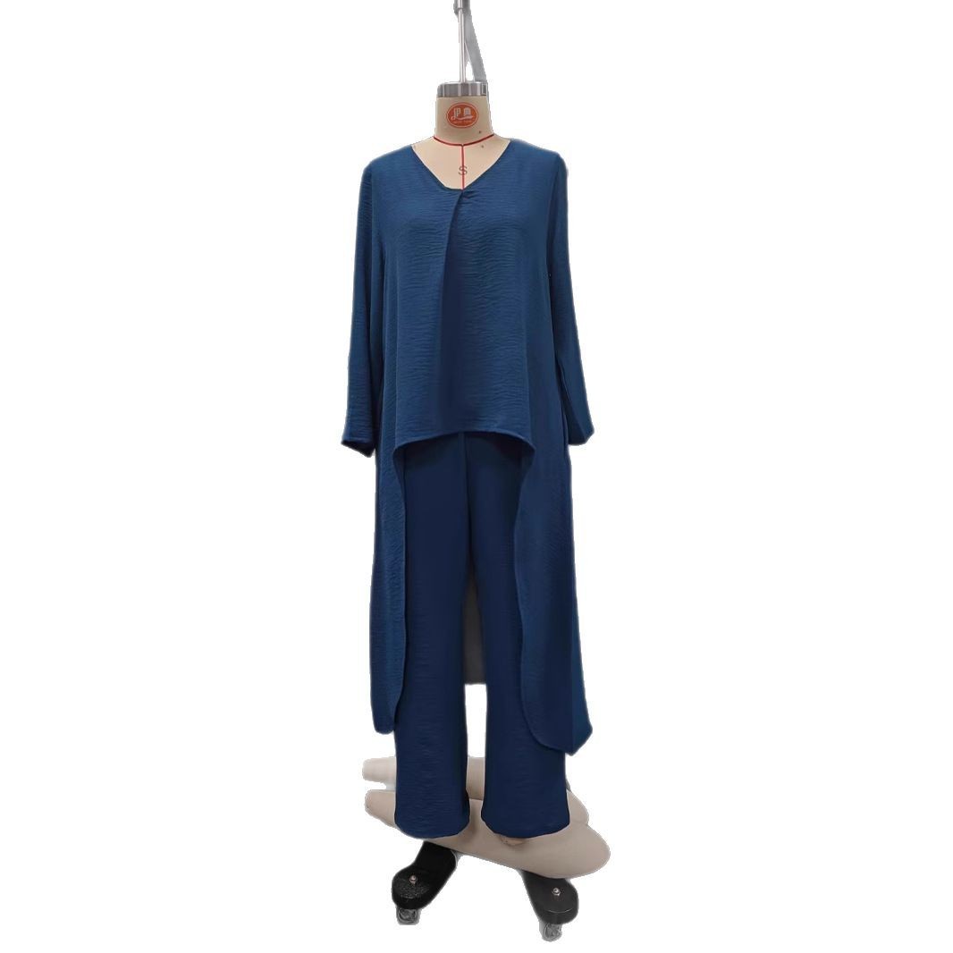 Ensemble deux pièces à col en V avec poche, couleur unie, ample