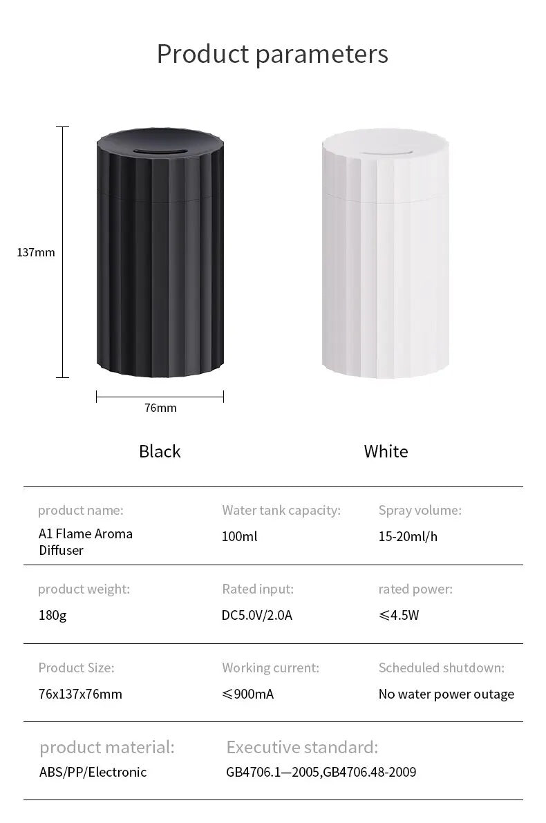 Quiet Flame Effect Essential Oil Diffuser | Black or White