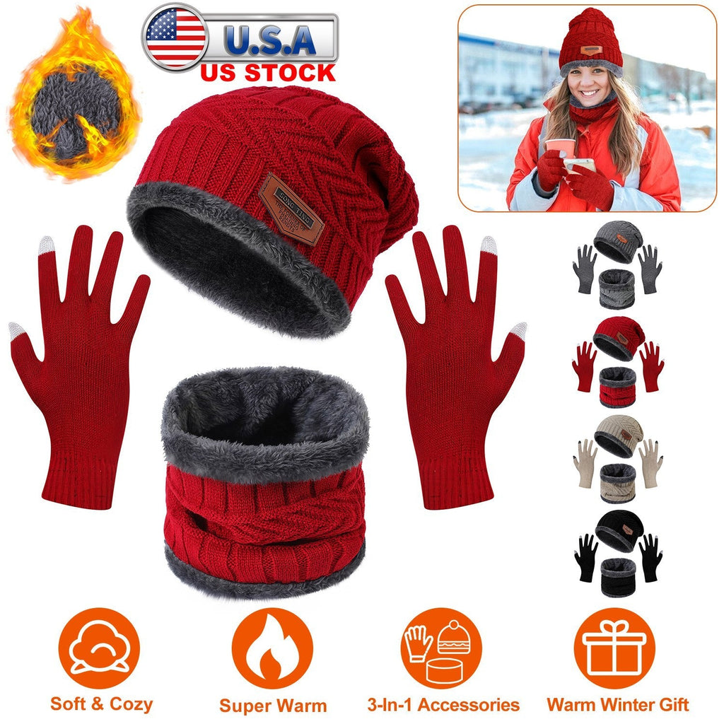 Knit Beanie, Scarf & Touchscreen Gloves 3-Piece Set