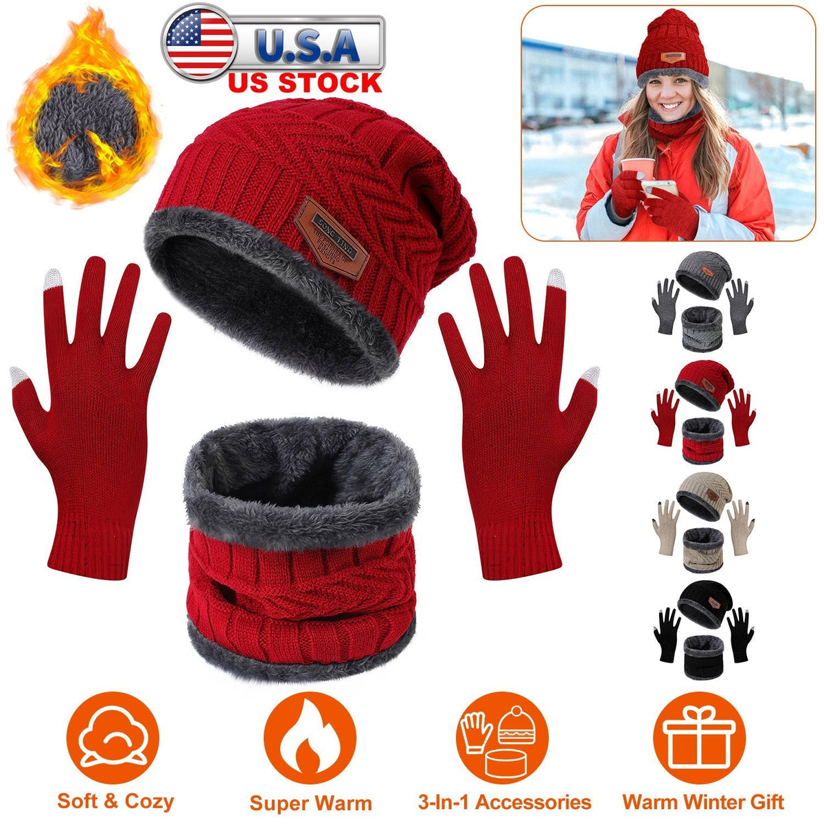 Knit Beanie, Scarf & Touchscreen Gloves 3-Piece Set