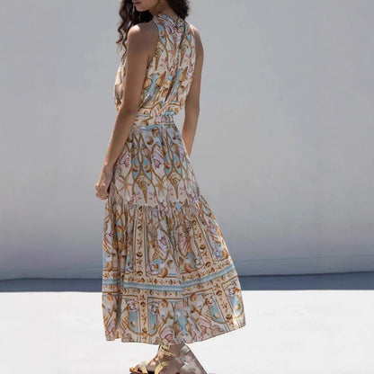 Robe longue bohème à manches longues, col en V, taille haute et imprimé floral